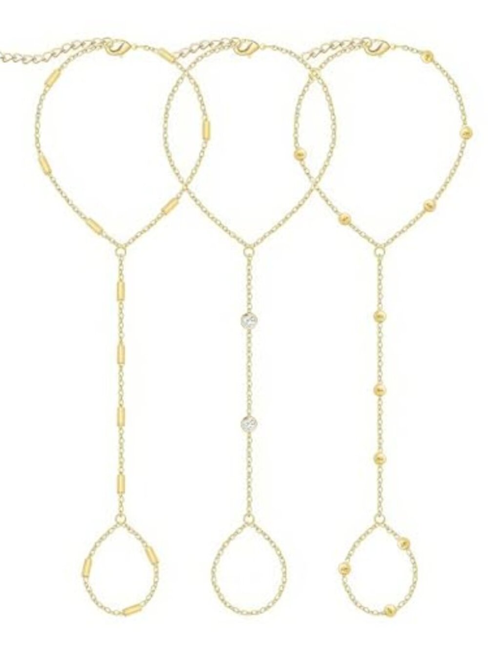 3Pcs 14K Gold‎ Plated Hand Chain Bracelets for Women-Dainty Ring Bracelet Hand